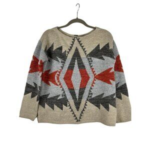 Geometric Pattern Crew Neck Sweater - Beige, Gray, Red